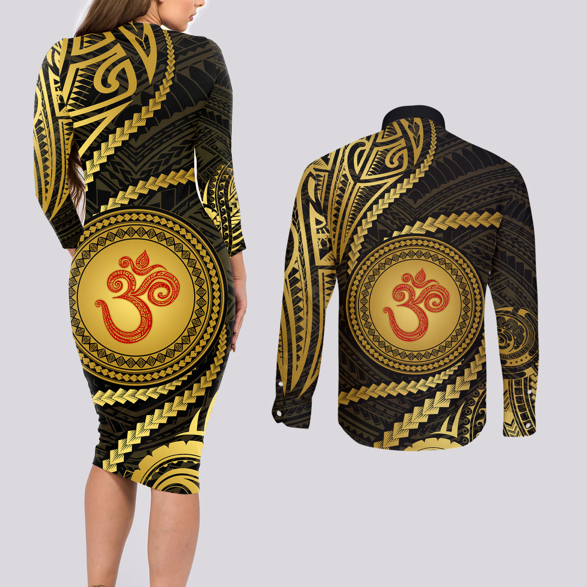 Polynesia Couples Matching Long Sleeve Bodycon Dress and Long Sleeve Button Shirt With Hindu Om Symbol LT05 - Polynesian Pride