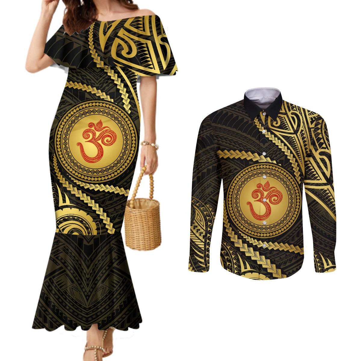 Polynesia Couples Matching Mermaid Dress and Long Sleeve Button Shirt With Hindu Om Symbol LT05 Gold - Polynesian Pride