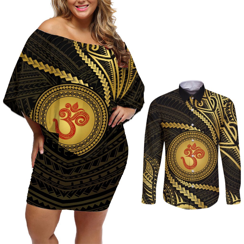 Polynesia Couples Matching Off Shoulder Short Dress and Long Sleeve Button Shirt With Hindu Om Symbol LT05 Gold - Polynesian Pride