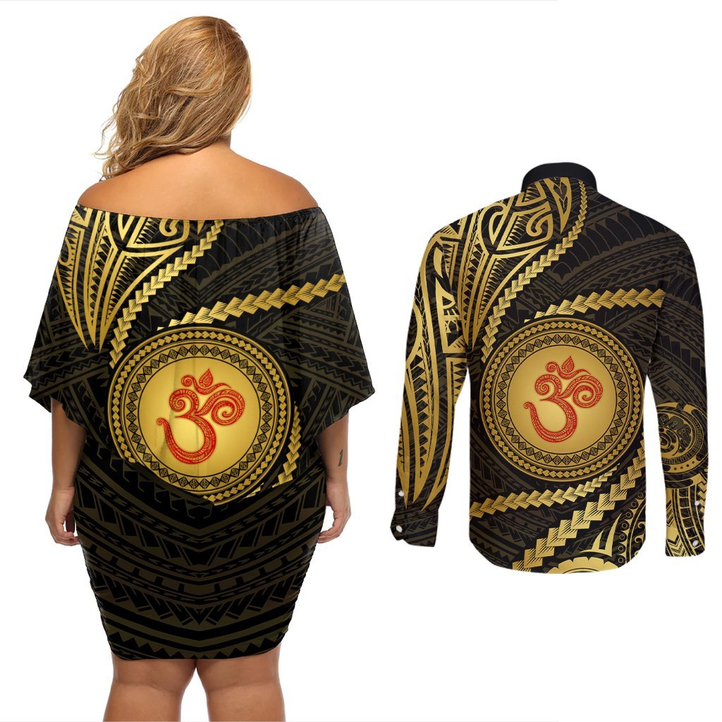 Polynesia Couples Matching Off Shoulder Short Dress and Long Sleeve Button Shirt With Hindu Om Symbol LT05 - Polynesian Pride