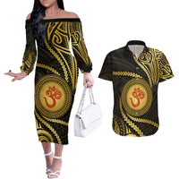 Polynesia Couples Matching Off The Shoulder Long Sleeve Dress and Hawaiian Shirt With Hindu Om Symbol LT05 Gold - Polynesian Pride