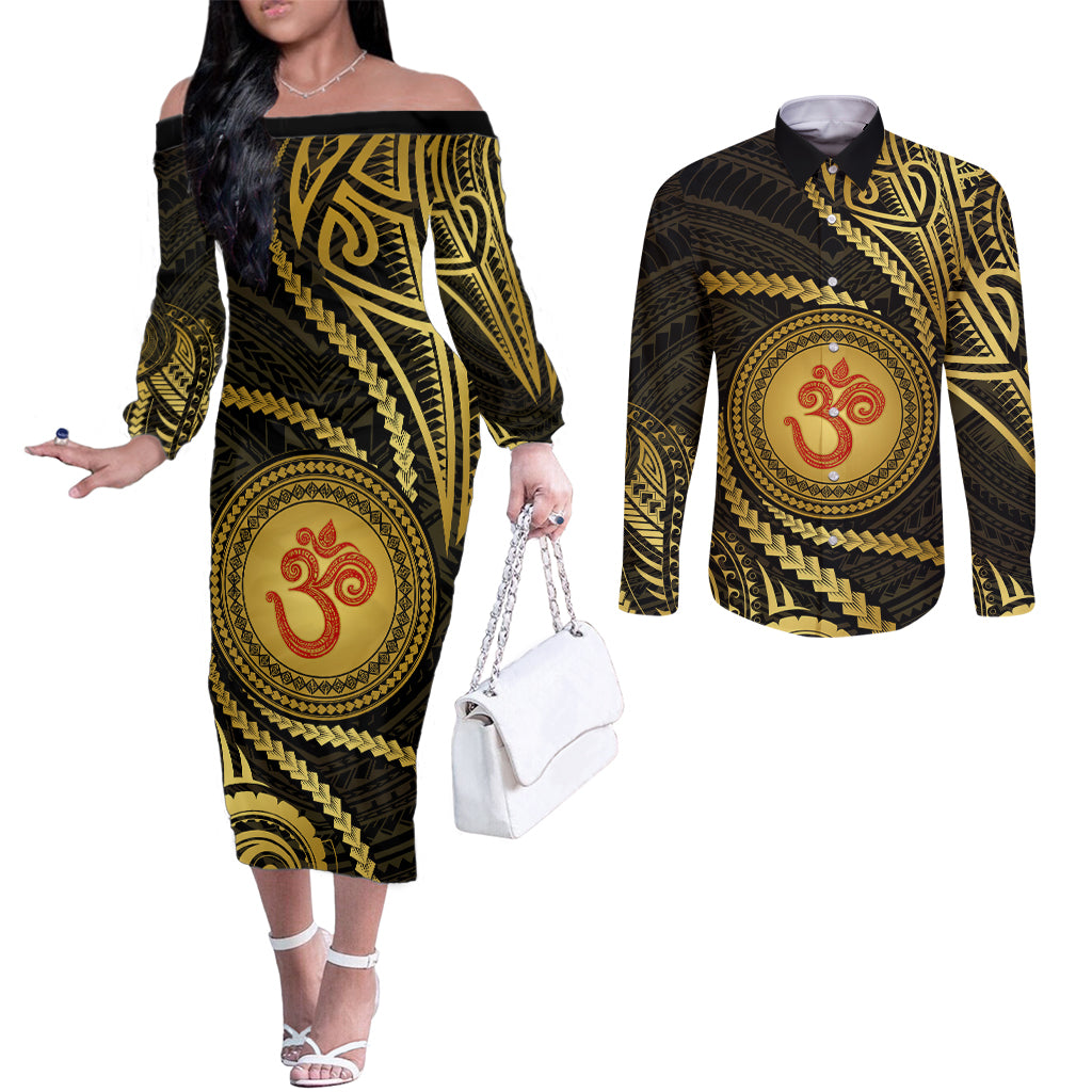 Polynesia Couples Matching Off The Shoulder Long Sleeve Dress and Long Sleeve Button Shirt With Hindu Om Symbol LT05 Gold - Polynesian Pride