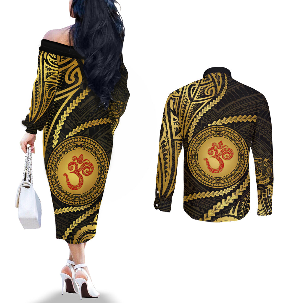 Polynesia Couples Matching Off The Shoulder Long Sleeve Dress and Long Sleeve Button Shirt With Hindu Om Symbol LT05 - Polynesian Pride