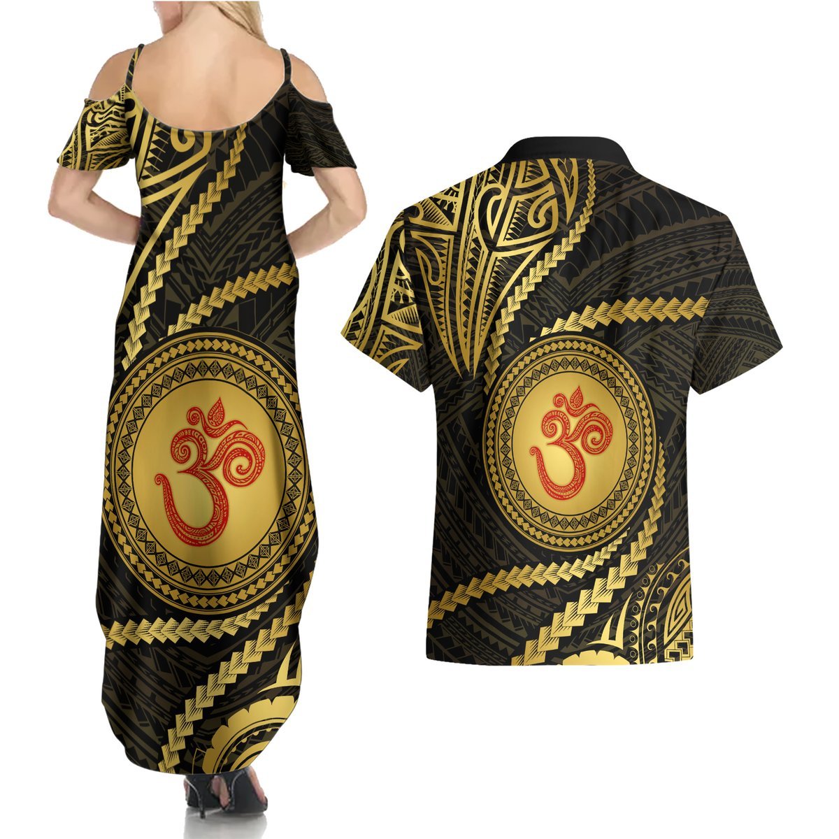Polynesia Couples Matching Summer Maxi Dress and Hawaiian Shirt With Hindu Om Symbol LT05 - Polynesian Pride