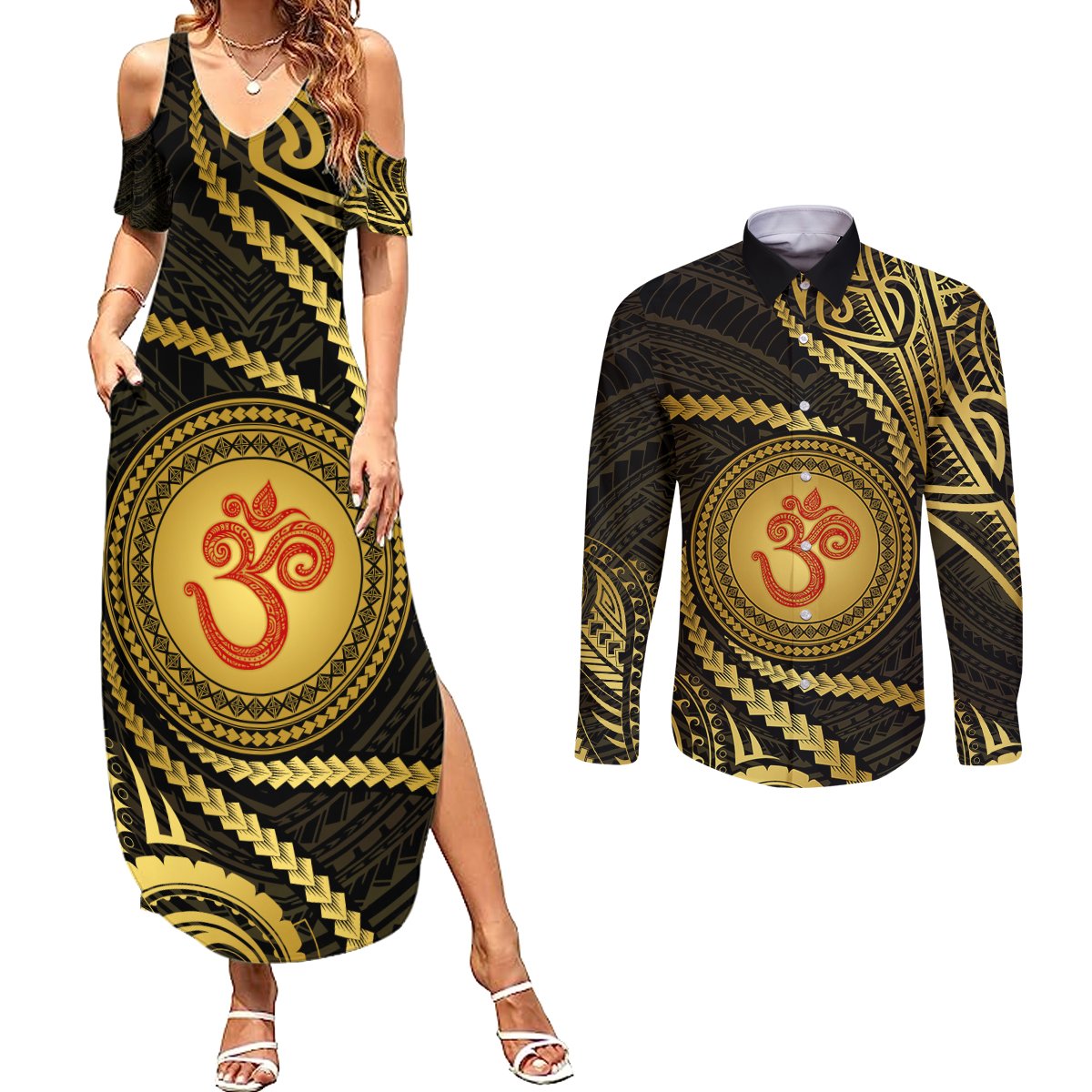 Polynesia Couples Matching Summer Maxi Dress and Long Sleeve Button Shirt With Hindu Om Symbol LT05 Gold - Polynesian Pride
