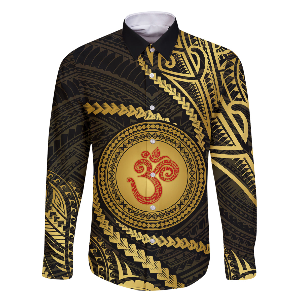 Polynesia Family Matching Off Shoulder Maxi Dress and Hawaiian Shirt With Hindu Om Symbol LT05 Dad's Shirt - Long Sleeve Gold - Polynesian Pride