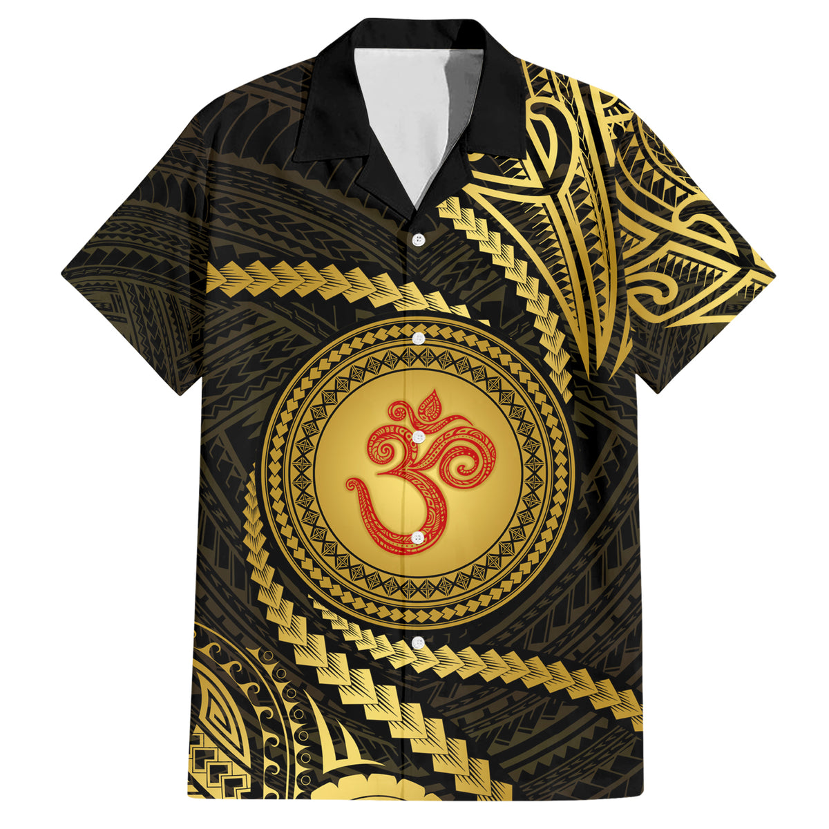 Polynesia Family Matching Short Sleeve Bodycon Dress and Hawaiian Shirt With Hindu Om Symbol LT05 Dad's Shirt - Short Sleeve Gold - Polynesian Pride