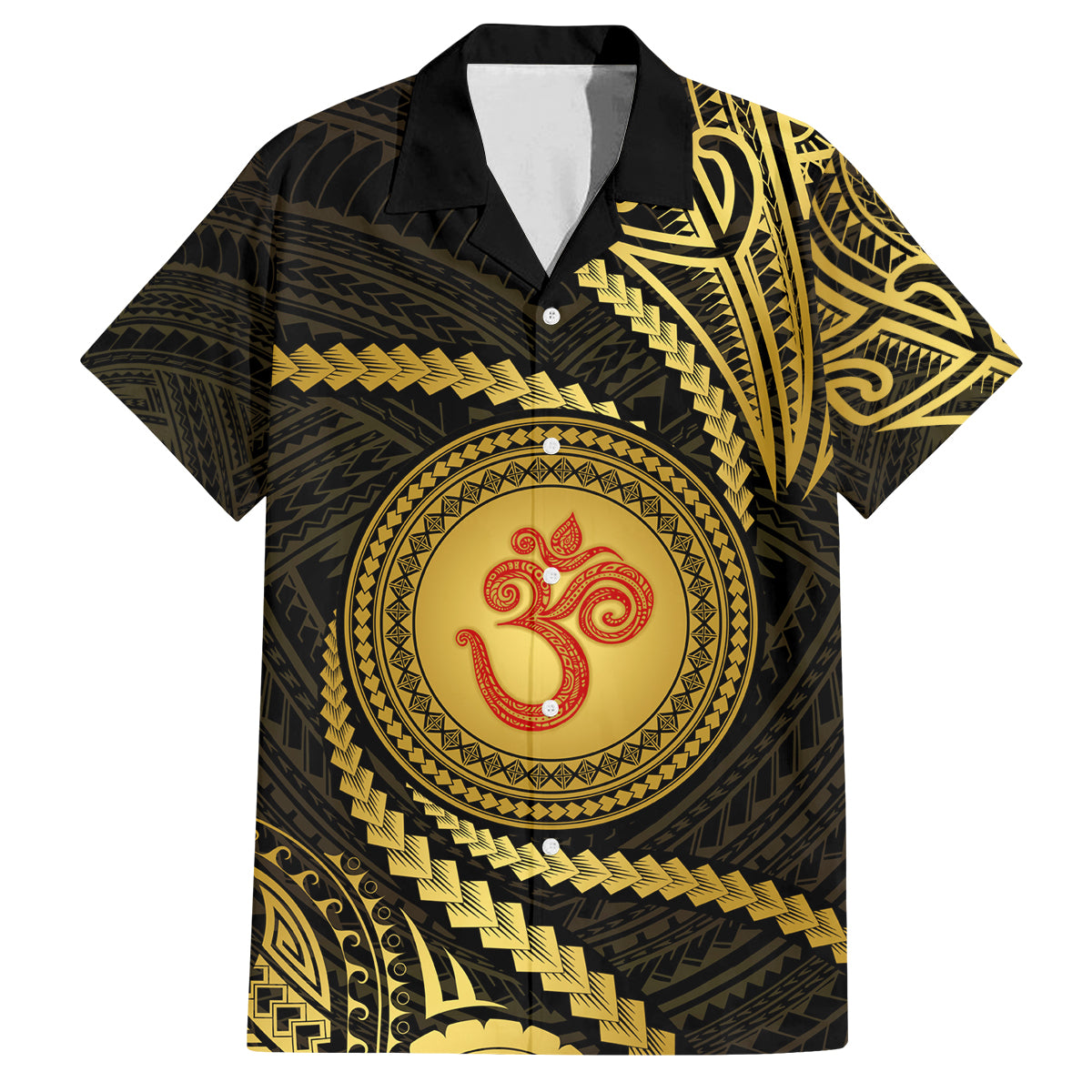 Polynesia Family Matching Summer Maxi Dress and Hawaiian Shirt With Hindu Om Symbol LT05 Dad's Shirt - Short Sleeve Gold - Polynesian Pride
