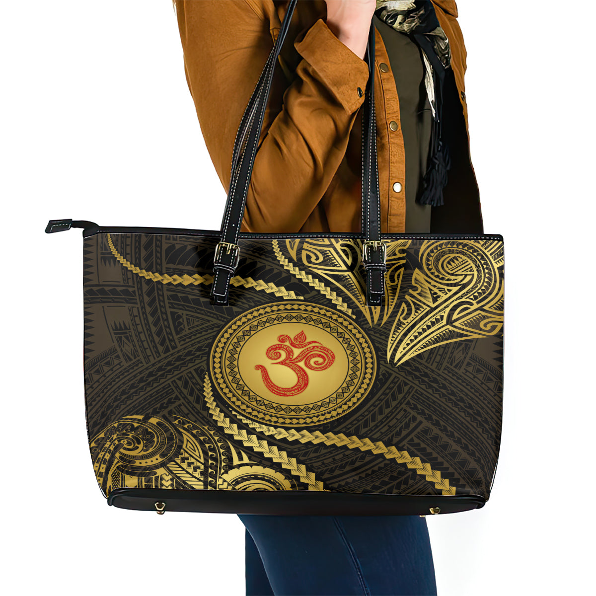 Polynesia Leather Tote Bag With Hindu Om Symbol LT05 - Polynesian Pride