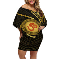 Polynesia Off Shoulder Short Dress With Hindu Om Symbol LT05 Women Gold - Polynesian Pride