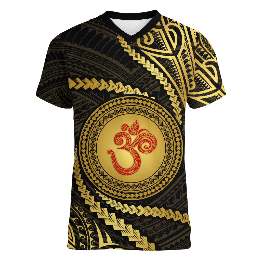Polynesia Women V Neck T Shirt With Hindu Om Symbol LT05 Female Gold - Polynesian Pride