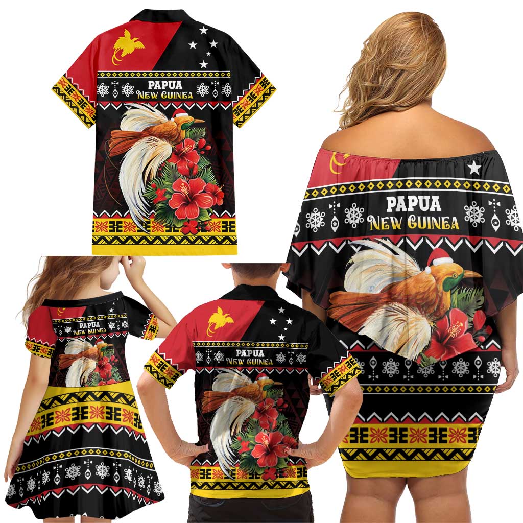 Papua New Guinea Christmas Family Matching Off Shoulder Short Dress and Hawaiian Shirt Bird Of Paradise Hamamas Krismas