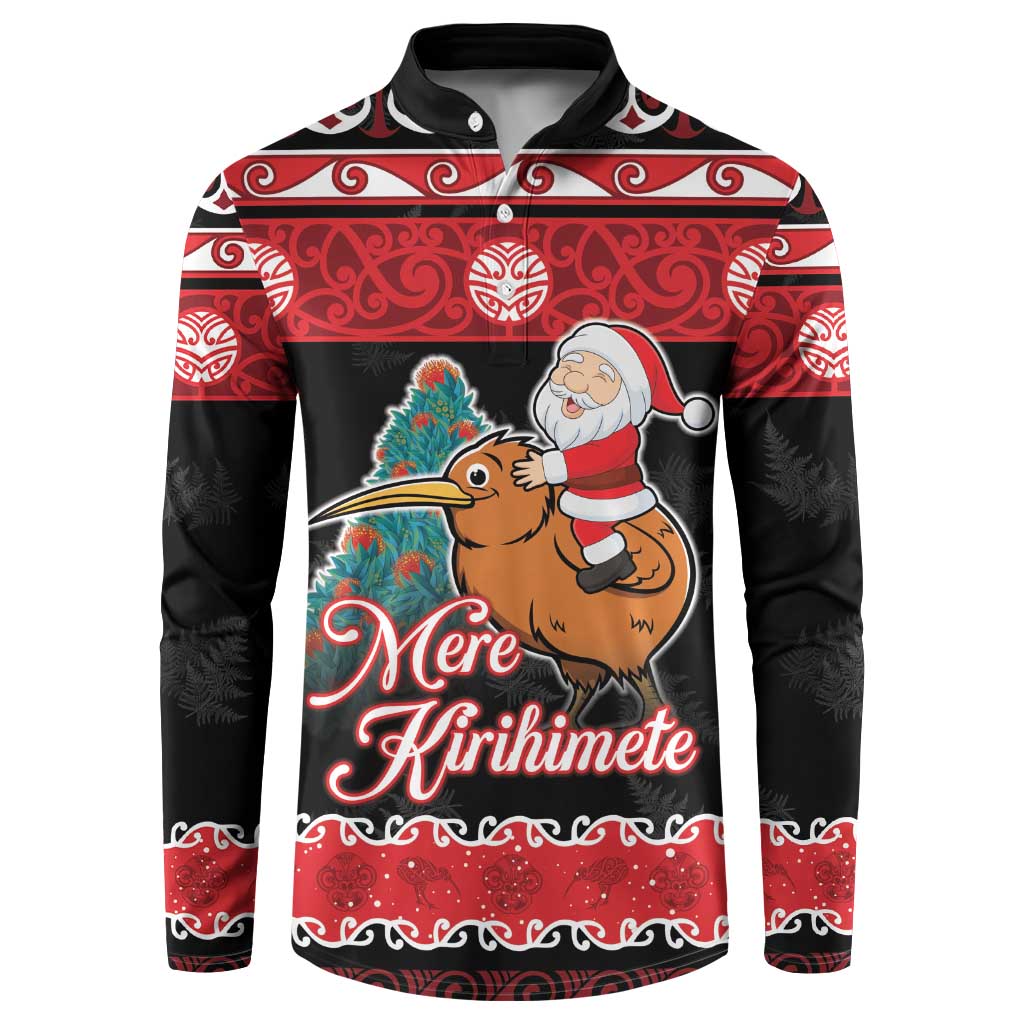 New Zealand Christmas Button Sweatshirt Funny Santa Riding Kiwi Meri Kirihimete LT05 Black - Polynesian Pride