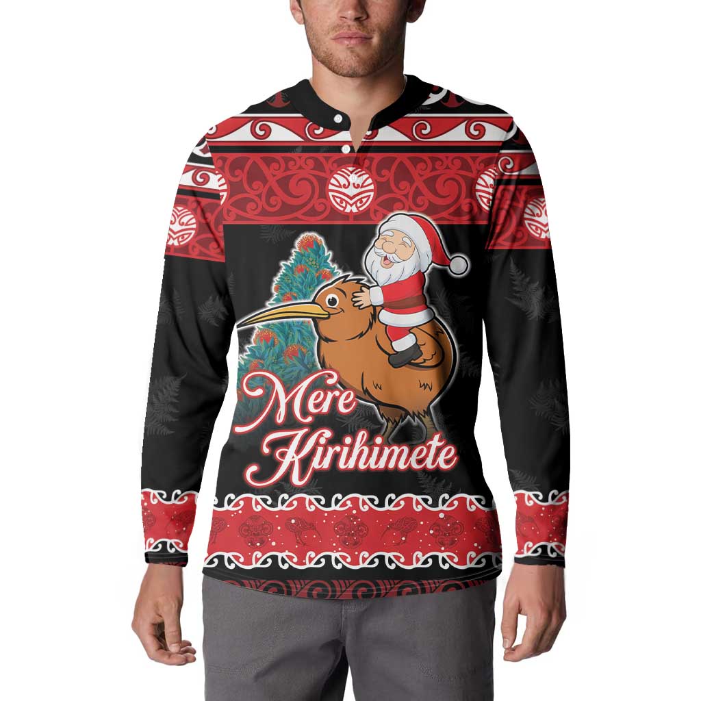 New Zealand Christmas Button Sweatshirt Funny Santa Riding Kiwi Meri Kirihimete LT05 - Polynesian Pride