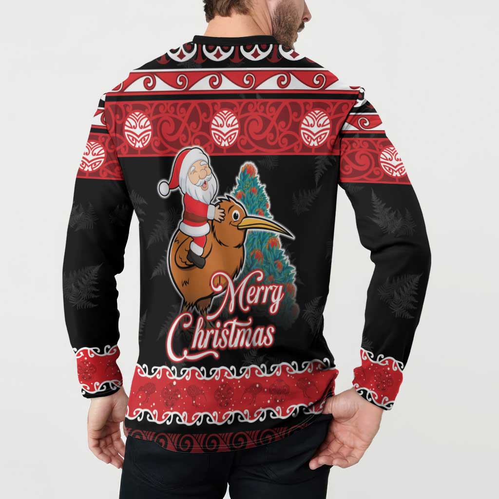 New Zealand Christmas Button Sweatshirt Funny Santa Riding Kiwi Meri Kirihimete LT05 - Polynesian Pride