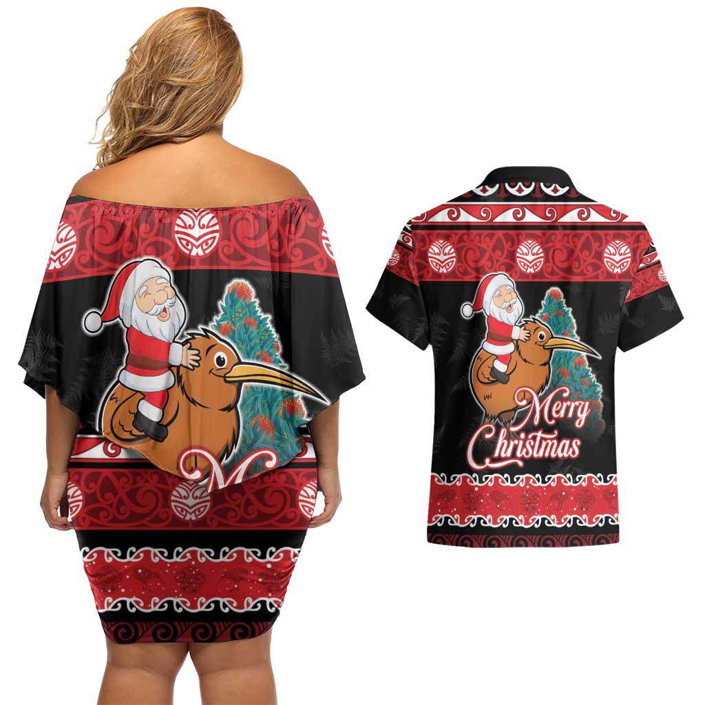 New Zealand Christmas Couples Matching Off Shoulder Short Dress and Hawaiian Shirt Funny Santa Riding Kiwi Meri Kirihimete