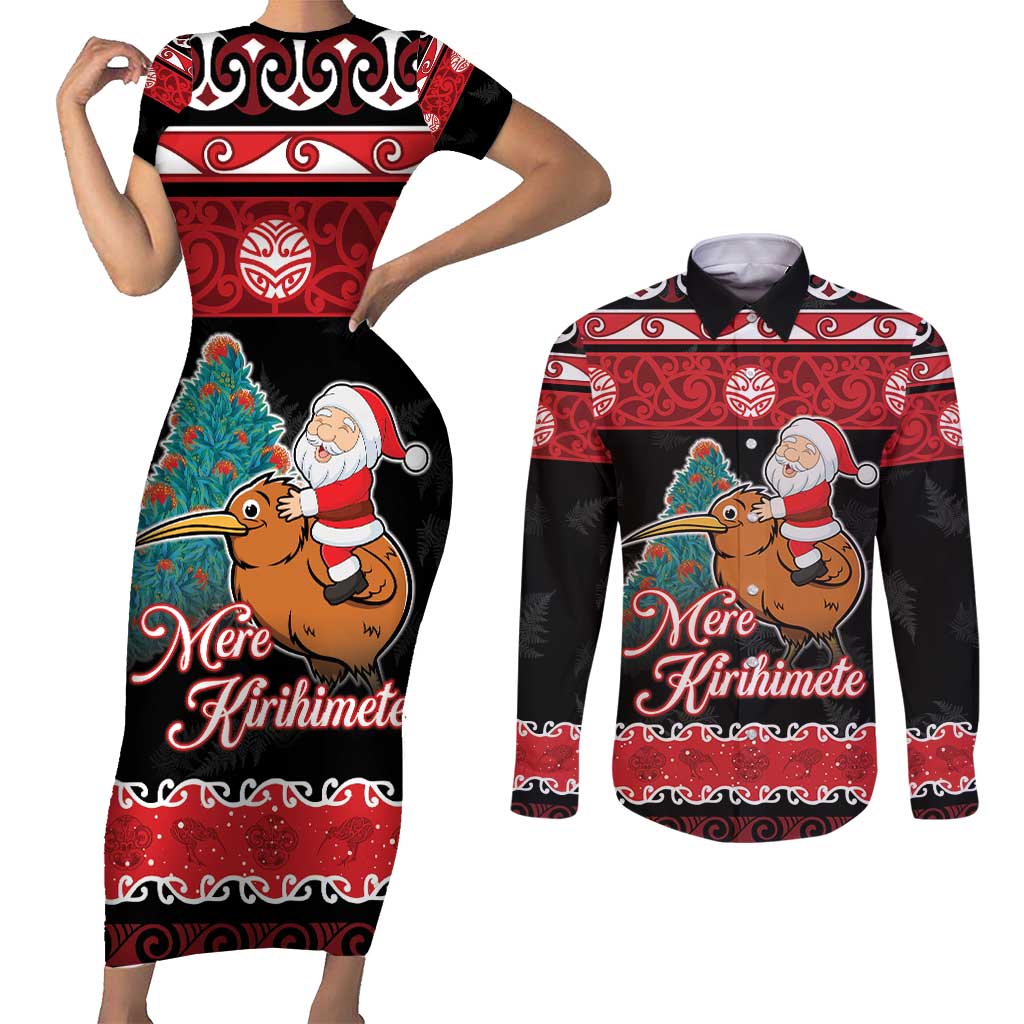New Zealand Christmas Couples Matching Short Sleeve Bodycon Dress and Long Sleeve Button Shirt Funny Santa Riding Kiwi Meri Kirihimete LT05 Black - Polynesian Pride