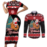 New Zealand Christmas Couples Matching Short Sleeve Bodycon Dress and Long Sleeve Button Shirt Funny Santa Riding Kiwi Meri Kirihimete LT05 Black - Polynesian Pride
