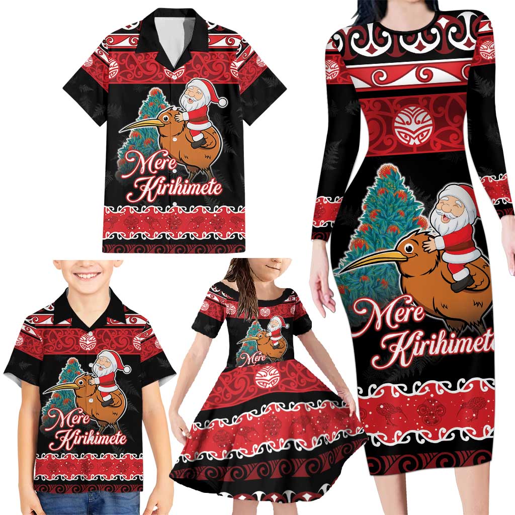 New Zealand Christmas Family Matching Long Sleeve Bodycon Dress and Hawaiian Shirt Funny Santa Riding Kiwi Meri Kirihimete LT05 - Polynesian Pride