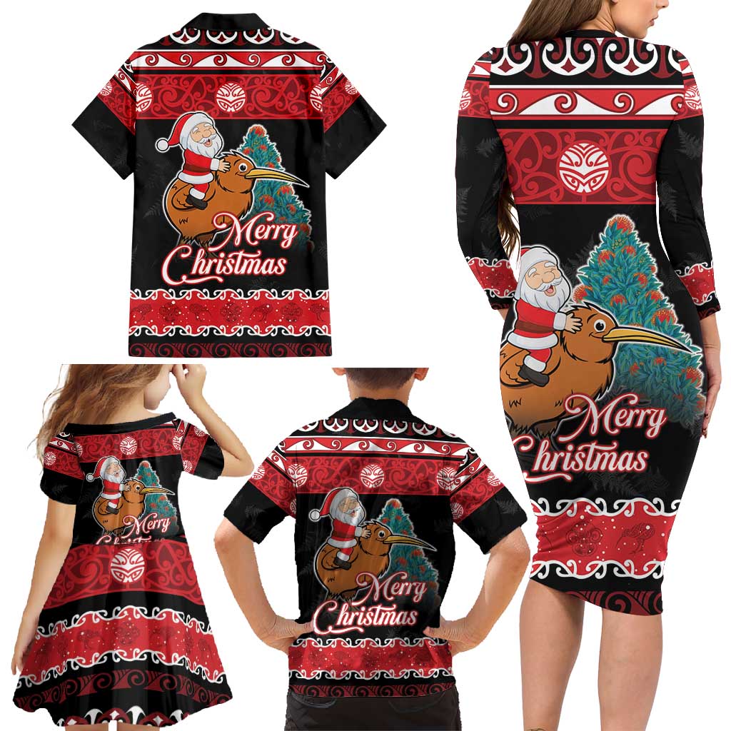 New Zealand Christmas Family Matching Long Sleeve Bodycon Dress and Hawaiian Shirt Funny Santa Riding Kiwi Meri Kirihimete LT05 - Polynesian Pride