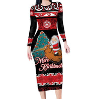 New Zealand Christmas Family Matching Long Sleeve Bodycon Dress and Hawaiian Shirt Funny Santa Riding Kiwi Meri Kirihimete LT05 Mom's Dress Black - Polynesian Pride