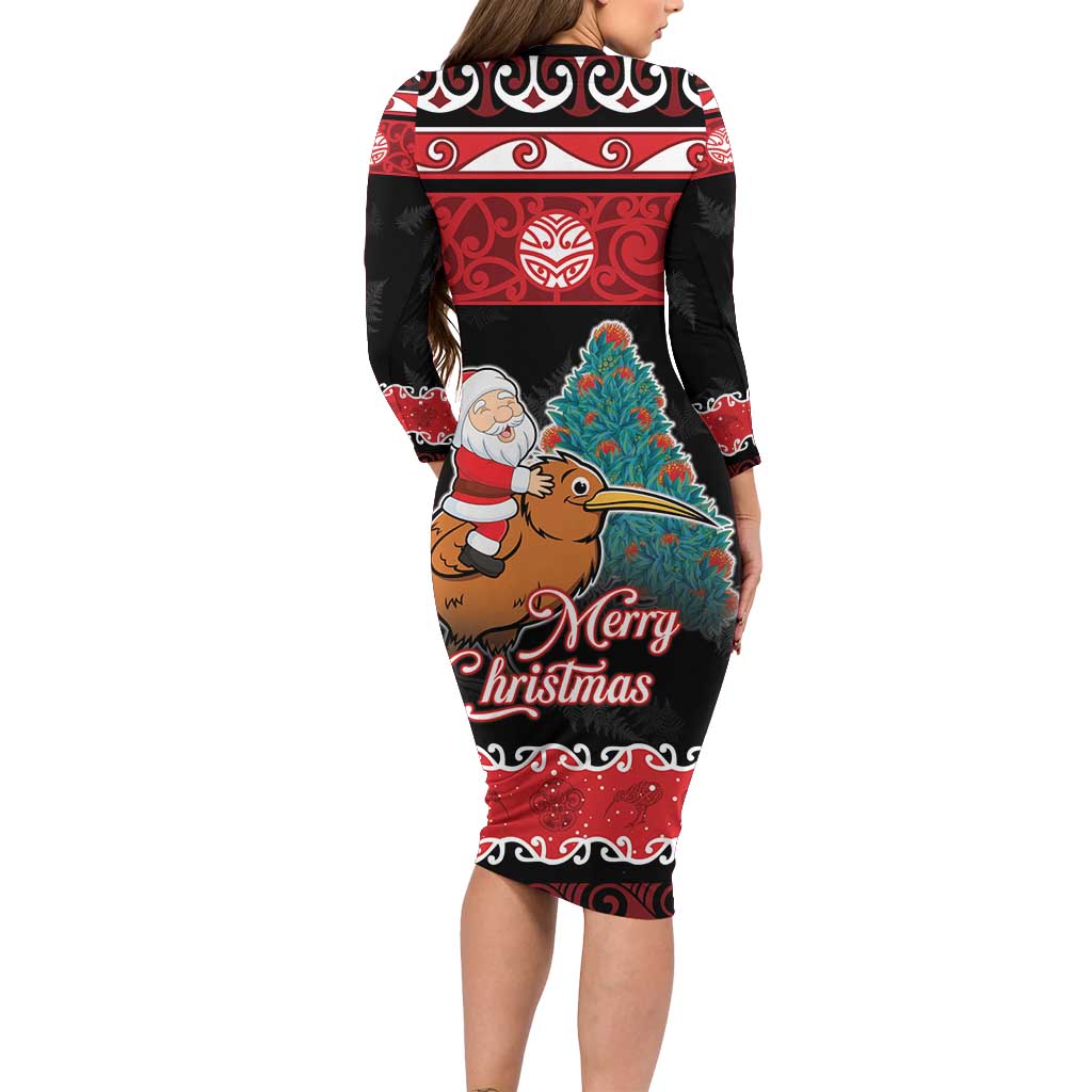 New Zealand Christmas Family Matching Long Sleeve Bodycon Dress and Hawaiian Shirt Funny Santa Riding Kiwi Meri Kirihimete LT05 - Polynesian Pride