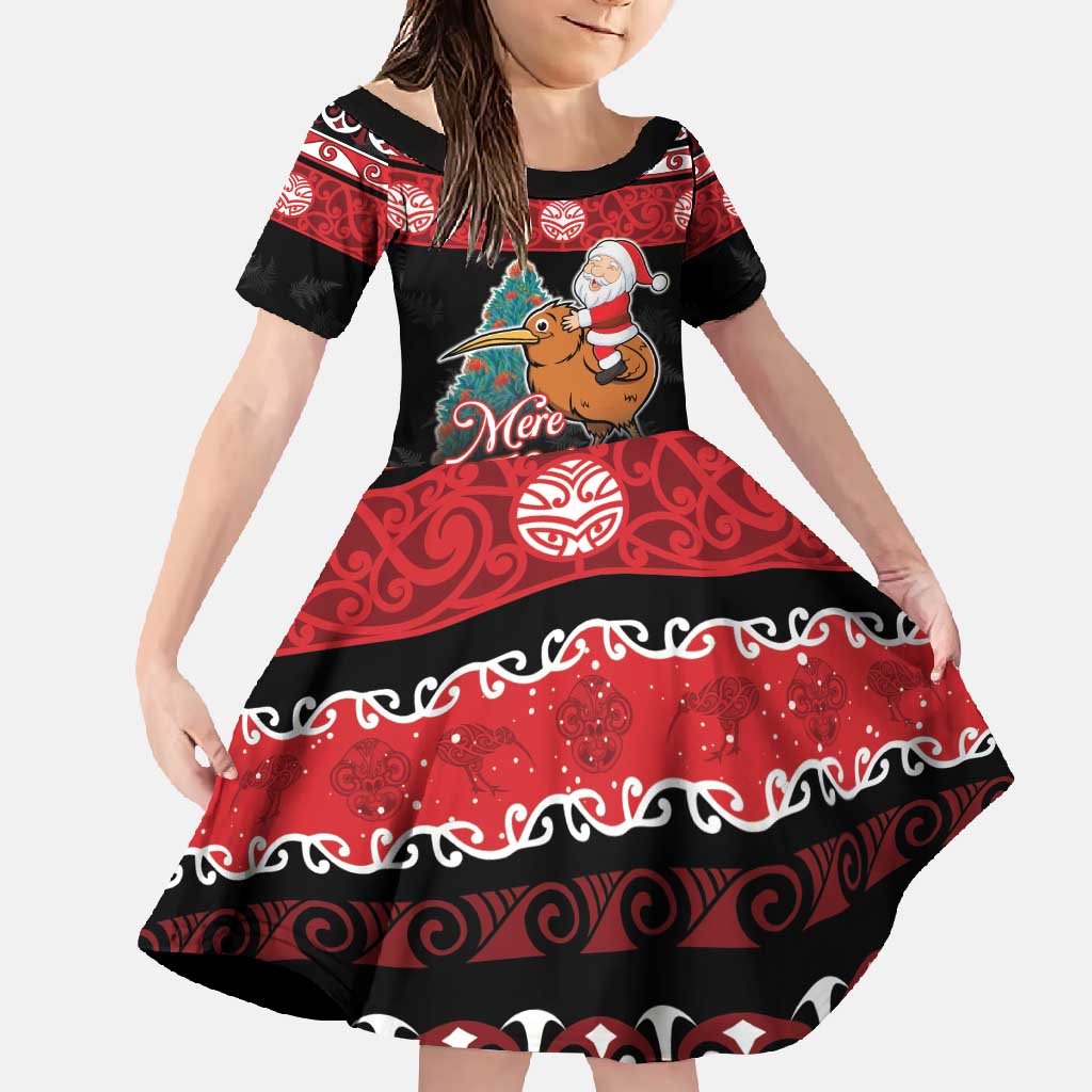 New Zealand Christmas Family Matching Tank Maxi Dress and Hawaiian Shirt Funny Santa Riding Kiwi Meri Kirihimete LT05 Daughter's Dress Black - Polynesian Pride