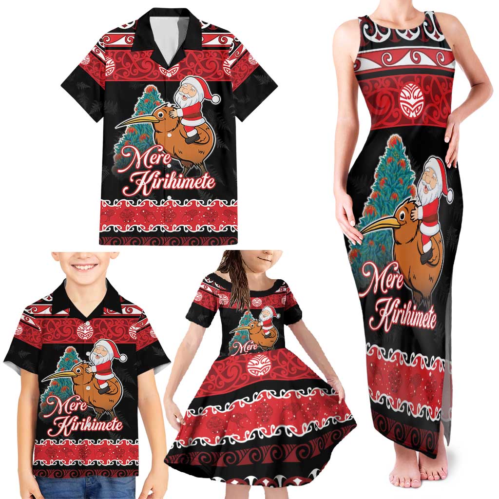 New Zealand Christmas Family Matching Tank Maxi Dress and Hawaiian Shirt Funny Santa Riding Kiwi Meri Kirihimete LT05 - Polynesian Pride