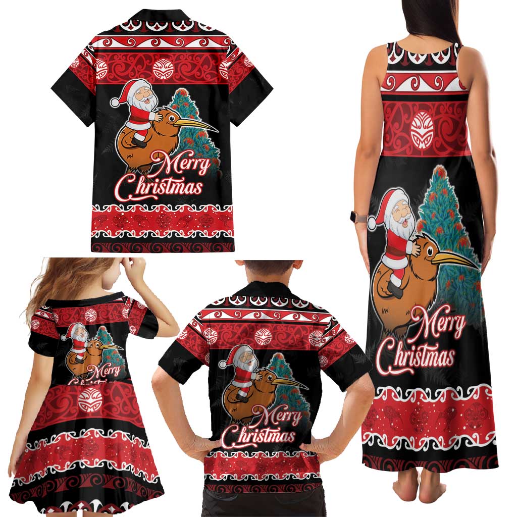 New Zealand Christmas Family Matching Tank Maxi Dress and Hawaiian Shirt Funny Santa Riding Kiwi Meri Kirihimete LT05 - Polynesian Pride
