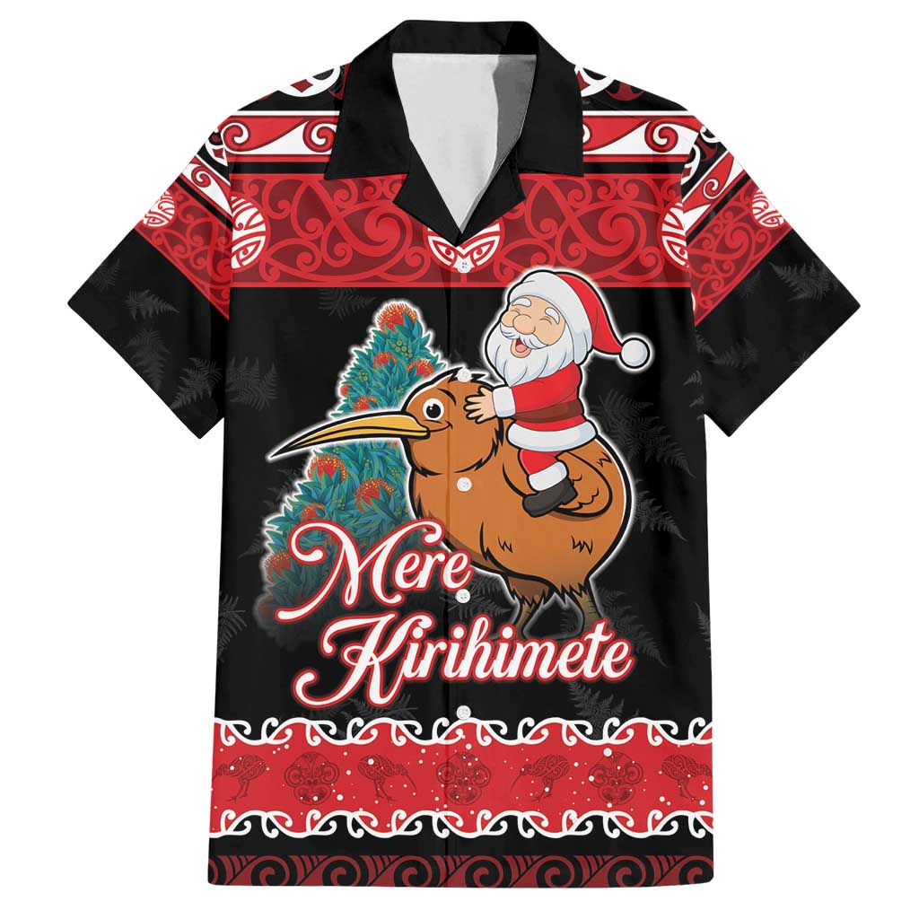 New Zealand Christmas Family Matching Tank Maxi Dress and Hawaiian Shirt Funny Santa Riding Kiwi Meri Kirihimete LT05 Dad's Shirt - Short Sleeve Black - Polynesian Pride