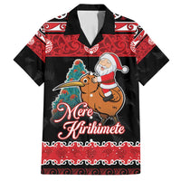 New Zealand Christmas Family Matching Tank Maxi Dress and Hawaiian Shirt Funny Santa Riding Kiwi Meri Kirihimete LT05 Dad's Shirt - Short Sleeve Black - Polynesian Pride