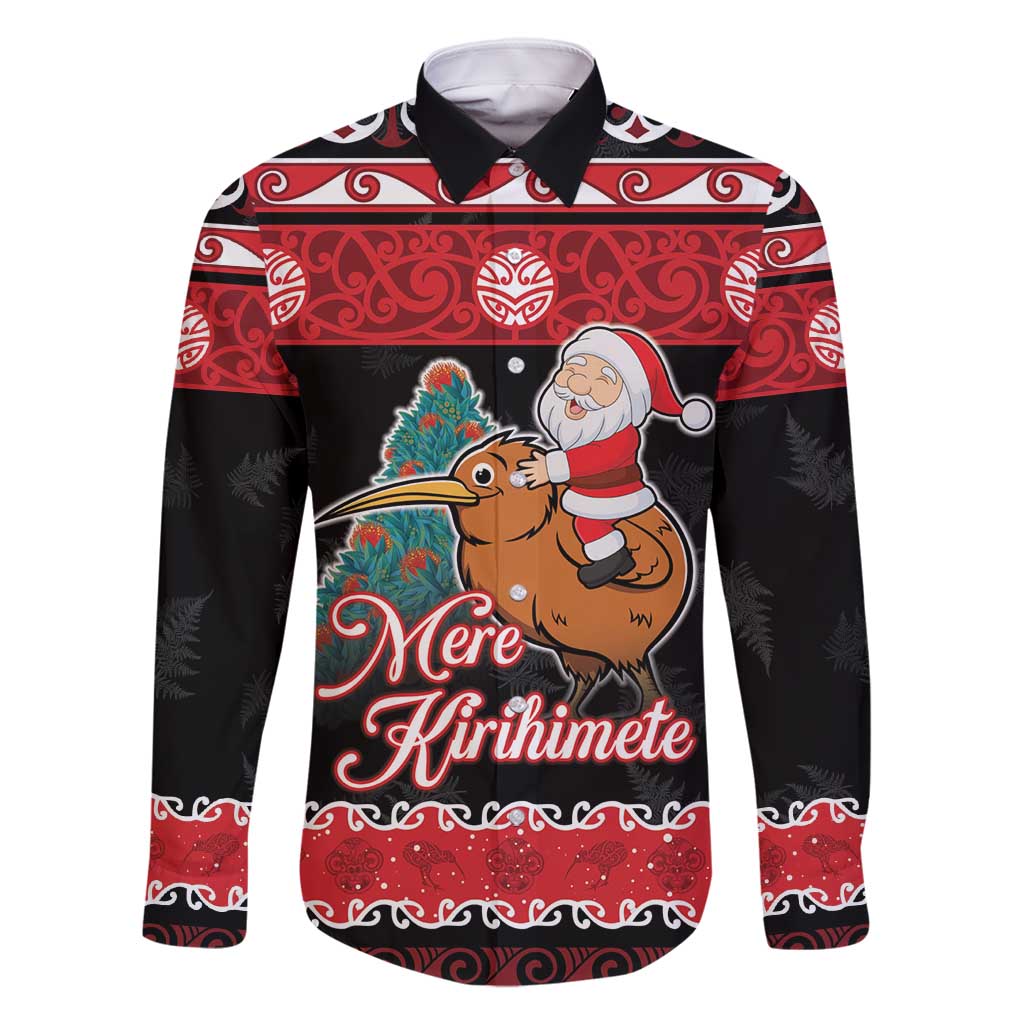 New Zealand Christmas Family Matching Tank Maxi Dress and Hawaiian Shirt Funny Santa Riding Kiwi Meri Kirihimete LT05 Dad's Shirt - Long Sleeve Black - Polynesian Pride