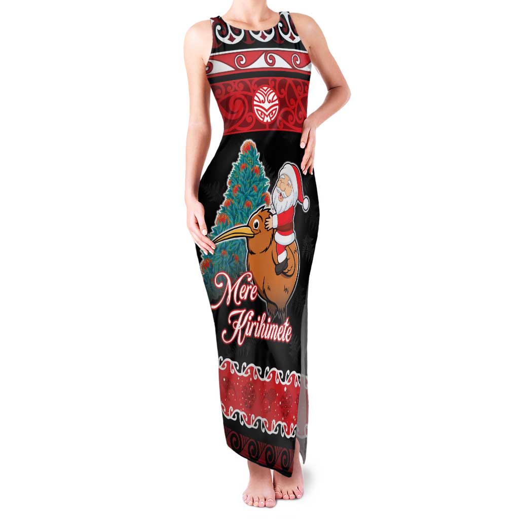 New Zealand Christmas Family Matching Tank Maxi Dress and Hawaiian Shirt Funny Santa Riding Kiwi Meri Kirihimete LT05 Mom's Dress Black - Polynesian Pride