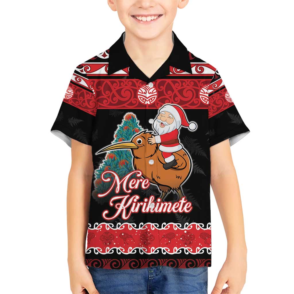 New Zealand Christmas Family Matching Tank Maxi Dress and Hawaiian Shirt Funny Santa Riding Kiwi Meri Kirihimete LT05 Son's Shirt Black - Polynesian Pride
