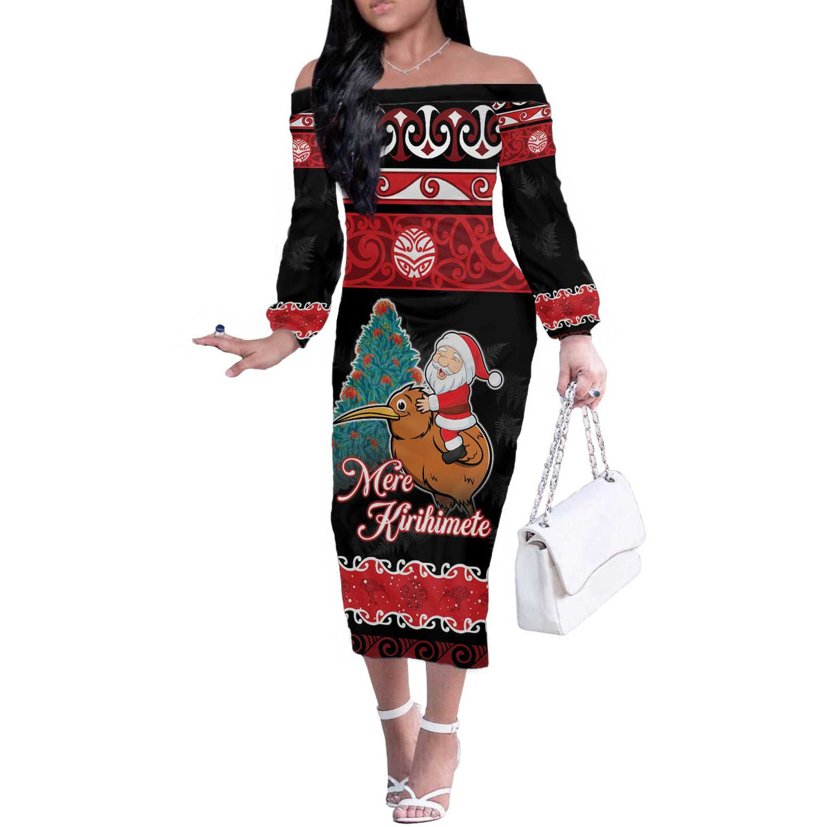 New Zealand Christmas Off The Shoulder Long Sleeve Dress Funny Santa Riding Kiwi Meri Kirihimete