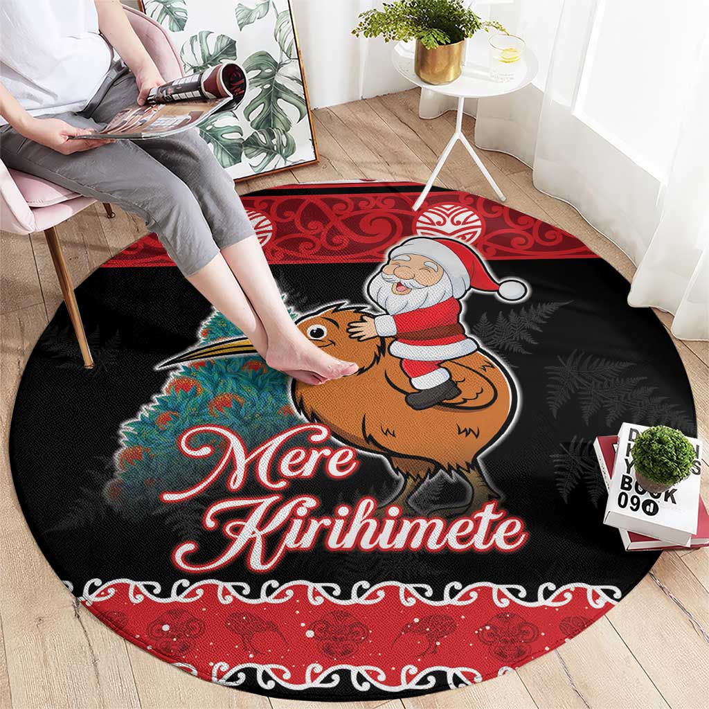 New Zealand Christmas Round Carpet Funny Santa Riding Kiwi Meri Kirihimete LT05 - Polynesian Pride