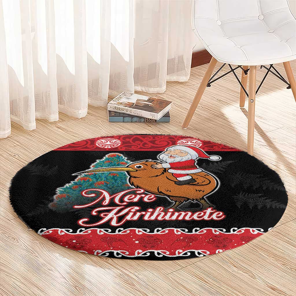 New Zealand Christmas Round Carpet Funny Santa Riding Kiwi Meri Kirihimete LT05 - Polynesian Pride