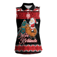 New Zealand Christmas Women Sleeveless Polo Shirt Funny Santa Riding Kiwi Meri Kirihimete LT05 Female Black - Polynesian Pride