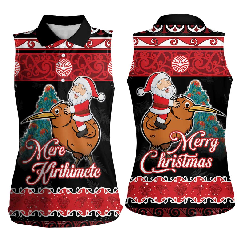 New Zealand Christmas Women Sleeveless Polo Shirt Funny Santa Riding Kiwi Meri Kirihimete LT05 - Polynesian Pride