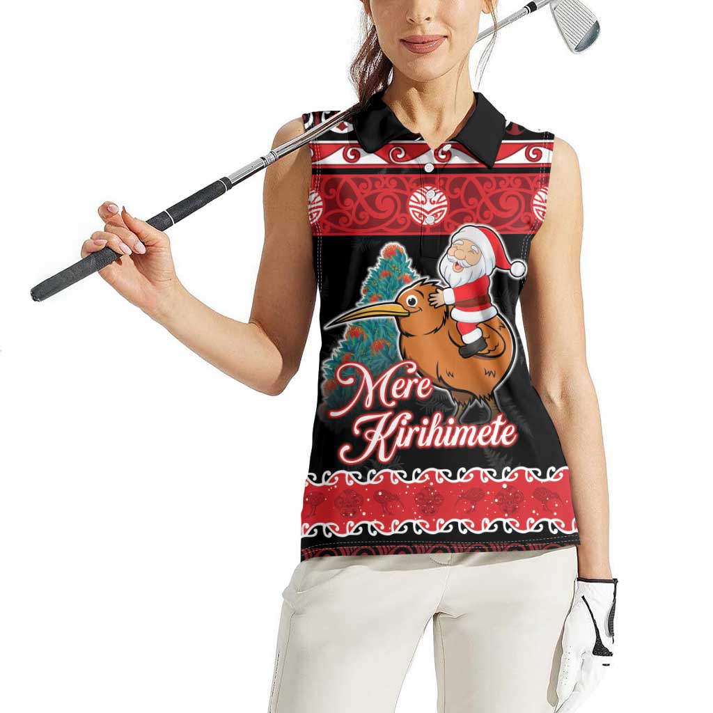 New Zealand Christmas Women Sleeveless Polo Shirt Funny Santa Riding Kiwi Meri Kirihimete LT05 - Polynesian Pride