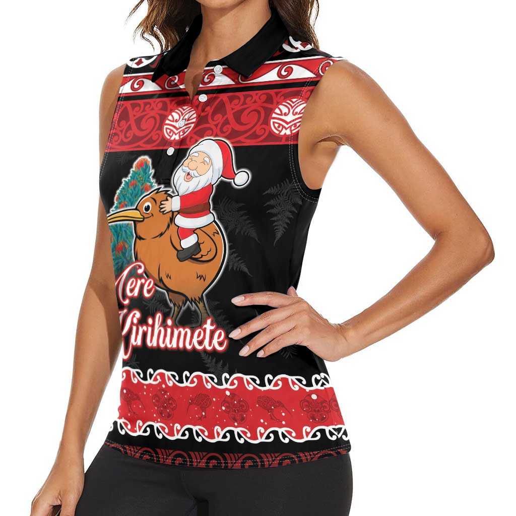 New Zealand Christmas Women Sleeveless Polo Shirt Funny Santa Riding Kiwi Meri Kirihimete LT05 - Polynesian Pride