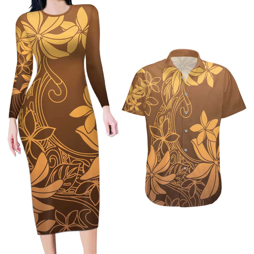 Tiare Tahiti Couples Matching Long Sleeve Bodycon Dress and Hawaiian Shirt Brown Polynesia Motifs - Polynesian Pride