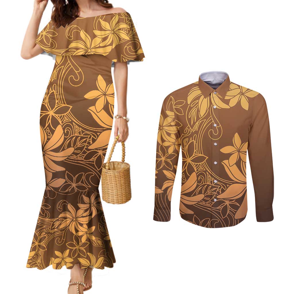 Tiare Tahiti Couples Matching Mermaid Dress and Long Sleeve Button Shirt Brown Polynesia Motifs - Polynesian Pride