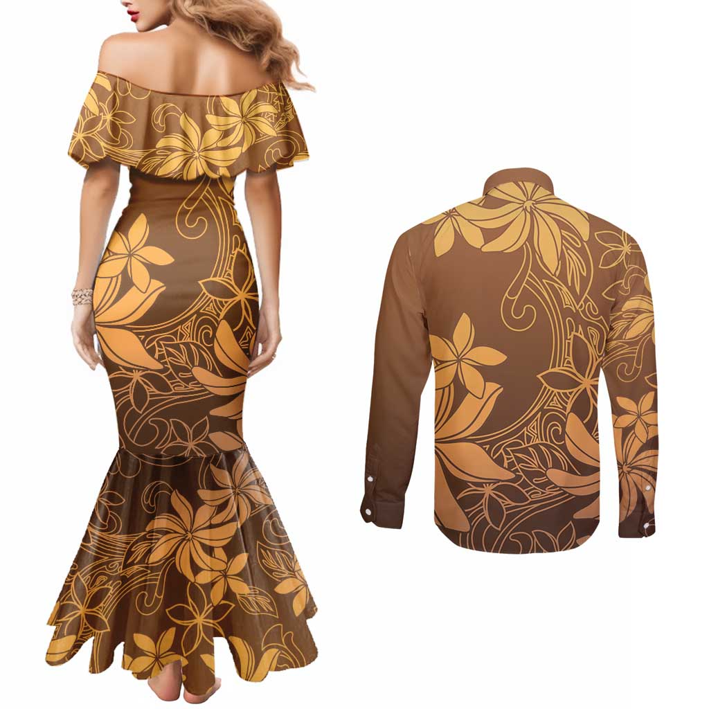 Tiare Tahiti Couples Matching Mermaid Dress and Long Sleeve Button Shirt Brown Polynesia Motifs - Polynesian Pride