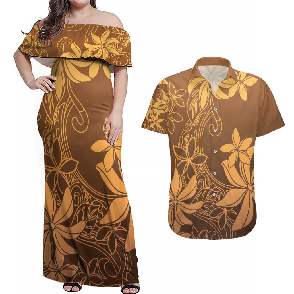 Tiare Tahiti Couples Matching Off Shoulder Maxi Dress and Hawaiian Shirt Brown Polynesia Motifs - Polynesian Pride