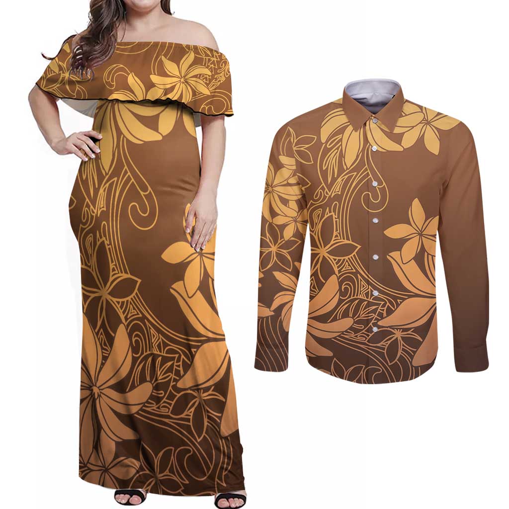 Tiare Tahiti Couples Matching Off Shoulder Maxi Dress and Long Sleeve Button Shirt Brown Polynesia Motifs - Polynesian Pride