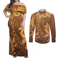 Tiare Tahiti Couples Matching Off Shoulder Maxi Dress and Long Sleeve Button Shirt Brown Polynesia Motifs - Polynesian Pride