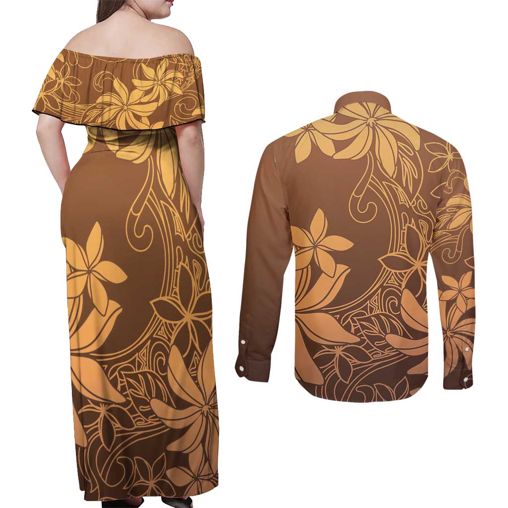 Tiare Tahiti Couples Matching Off Shoulder Maxi Dress and Long Sleeve Button Shirt Brown Polynesia Motifs - Polynesian Pride