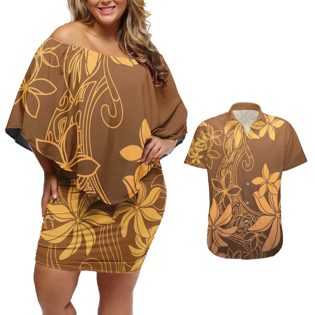 Tiare Tahiti Couples Matching Off Shoulder Short Dress and Hawaiian Shirt Brown Polynesia Motifs - Polynesian Pride
