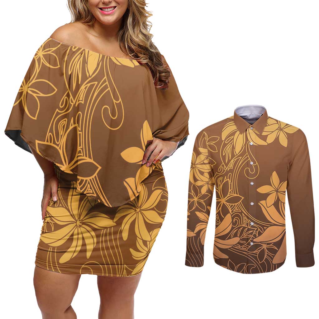 Tiare Tahiti Couples Matching Off Shoulder Short Dress and Long Sleeve Button Shirt Brown Polynesia Motifs - Polynesian Pride